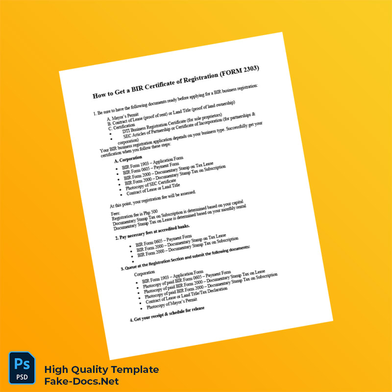 Philippines BIR Registration Certificate Template in Word and PDF formats 2 page Philippines BIR Registration Certificate Template in Word and PDF formats 2 page