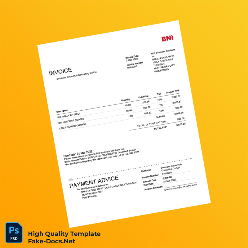 Philippines BNI Business Solutions Inc Invoice Template in Word and PDF formats Philippines BNI Business Solutions Inc Invoice Template in Word and PDF formats