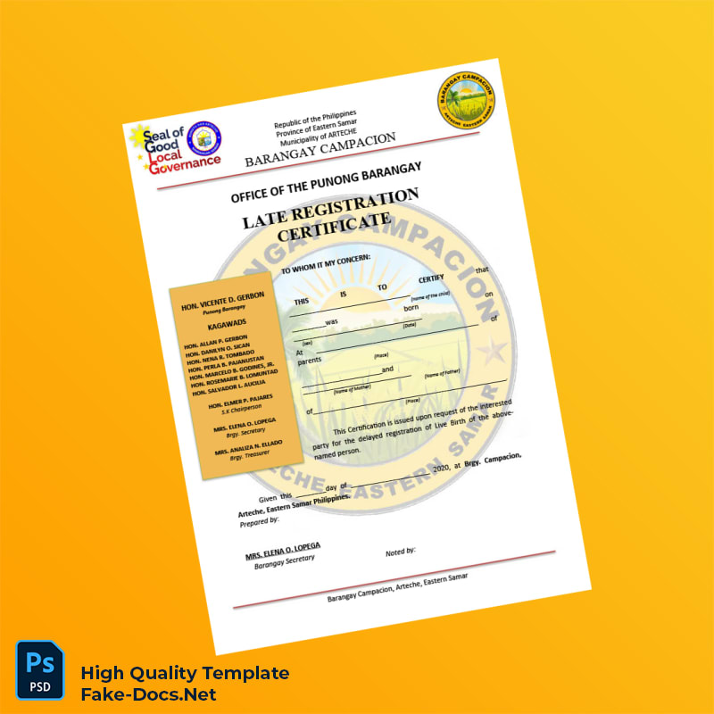 Philippines Barangay Campacion Late Registration Certificate Template in Word and PDF formats 2 page Philippines Barangay Campacion Late Registration Certificate Template in Word and PDF formats 2 page