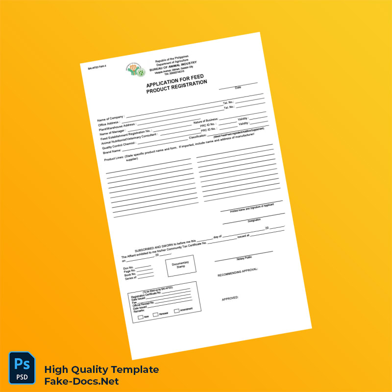 Philippines Bureau of Animal Industry Feed Product Registration Certificate Template in Word and PDF formats 2 page Philippines Bureau of Animal Industry Feed Product Registration Certificate Template in Word and PDF formats 2 page