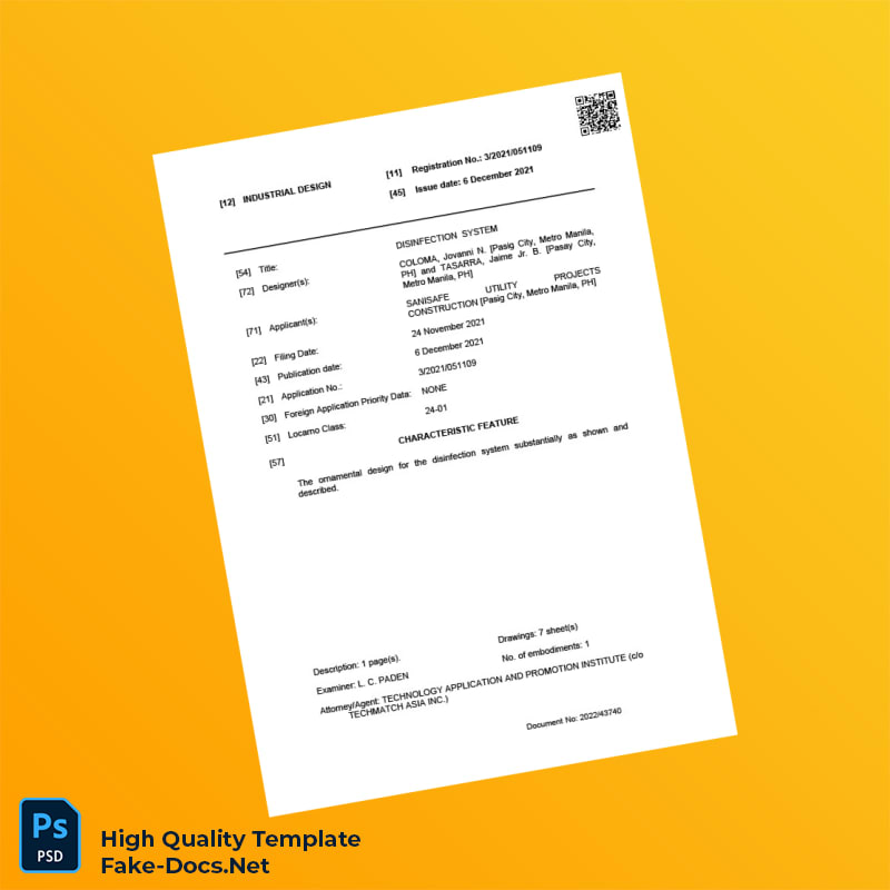 Philippines Bureau of Patents Industrial Design Registration Certificate Template in Word and PDF formats 5 page Philippines Bureau of Patents Industrial Design Registration Certificate Template in Word and PDF formats 5 page