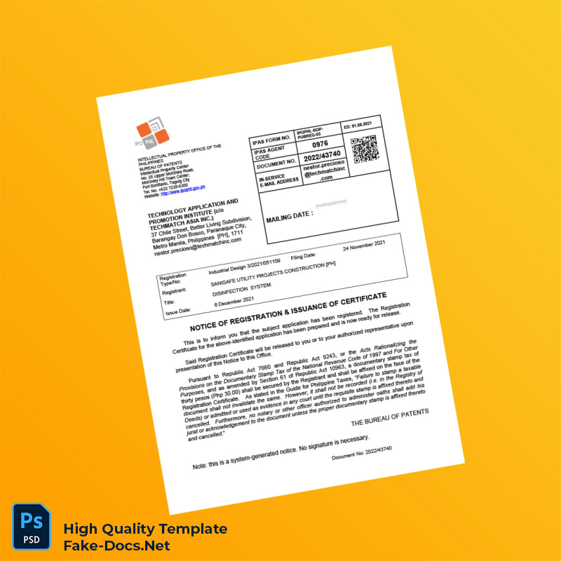 Philippines Bureau of Patents Industrial Design Registration Certificate Template in Word and PDF formats 5 page Philippines Bureau of Patents Industrial Design Registration Certificate Template in Word and PDF formats 5 page