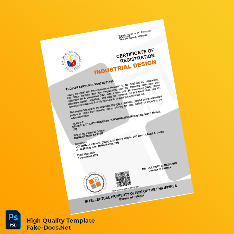 Philippines Bureau of Patents Industrial Design Registration Certificate Template in Word and PDF formats 5 page Philippines Bureau of Patents Industrial Design Registration Certificate Template in Word and PDF formats 5 page