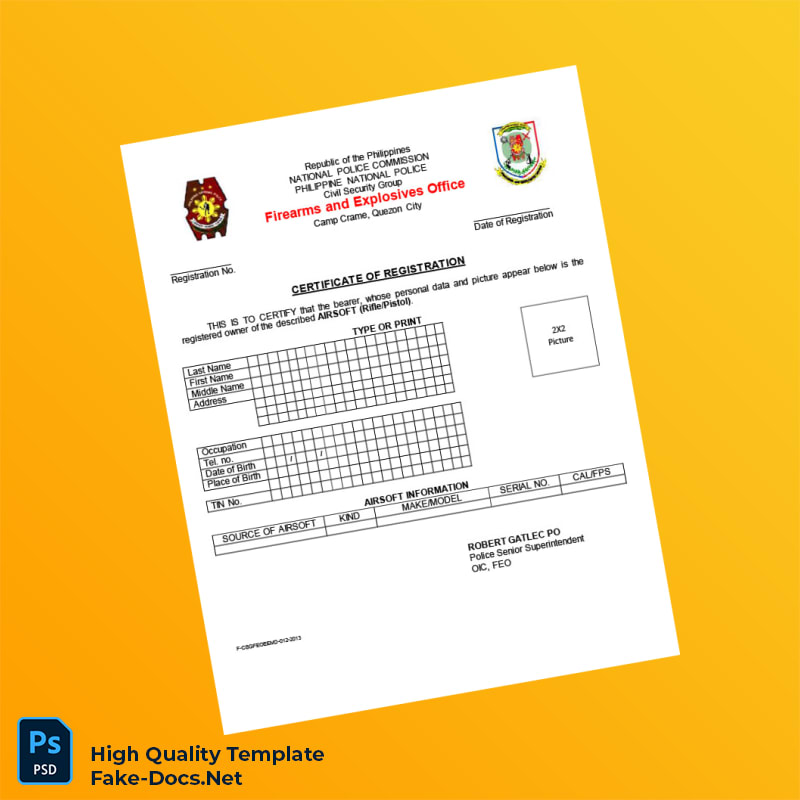 Philippines Firearms and Explosives Office Airgun Registration Certificate Template in Word and PDF formats 2 page Philippines Firearms and Explosives Office Airgun Registration Certificate Template in Word and PDF formats 2 page
