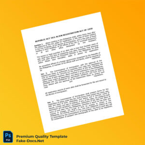 Philippines Immigration Bureau Alien Registration Act of 1950 Registration Certificate Template (Word & PDF) 4 page