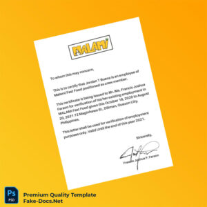 Philippines MALAMI Fast Food Employment Verification Letter Template (Word & PDF)