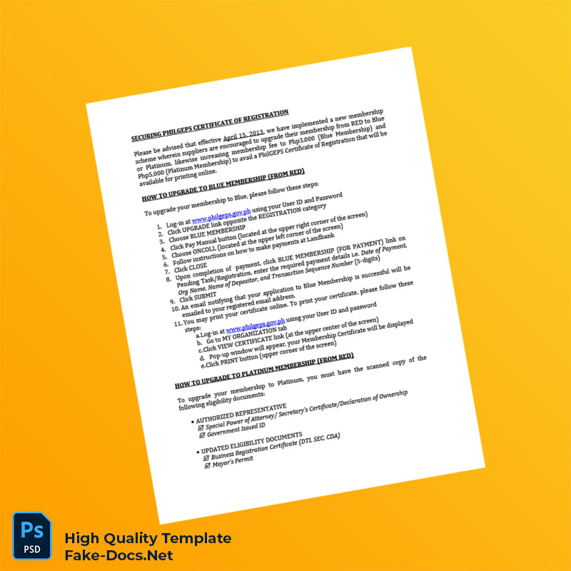 Philippines PhilGEPS Certificate of Registration Template in Word and PDF formats 2 page Philippines PhilGEPS Certificate of Registration Template in Word and PDF formats 2 page