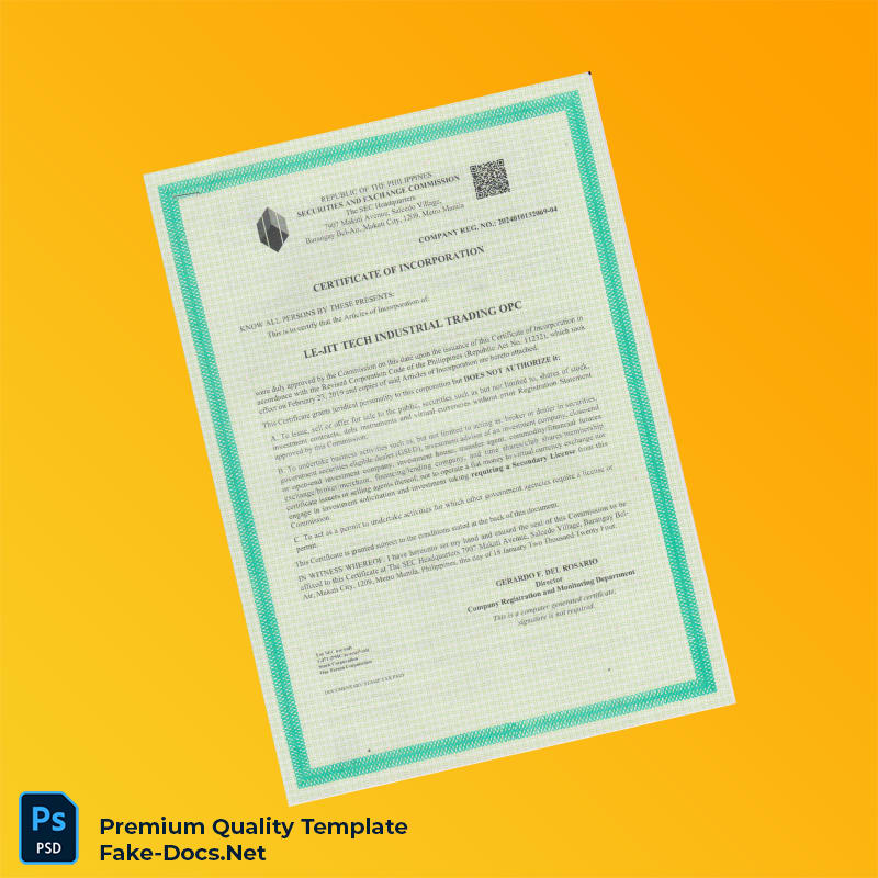 Philippines Securities and Exchange Commission Certificate of Incorporation Template (Word & PDF) Philippines Securities and Exchange Commission Certificate of Incorporation Template (Word & PDF)