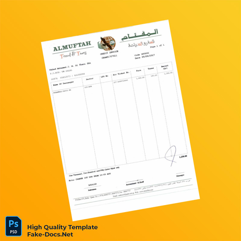 Qatar Almuftah Travel Invoice Template in Word and PDF formats 6 page Qatar Almuftah Travel Invoice Template in Word and PDF formats 6 page