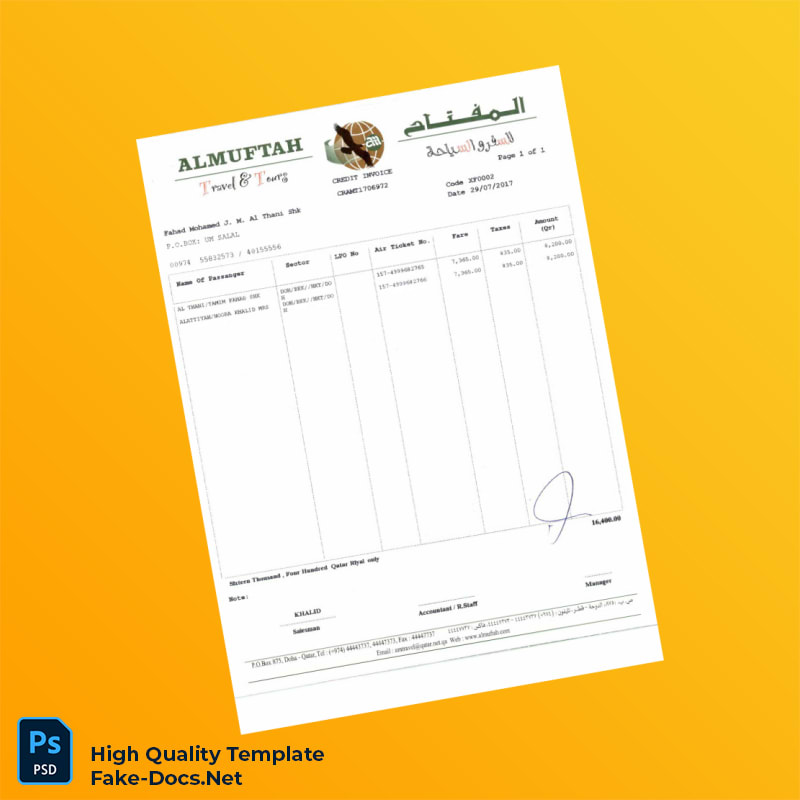 Qatar Almuftah Travel Invoice Template in Word and PDF formats 6 page Qatar Almuftah Travel Invoice Template in Word and PDF formats 6 page