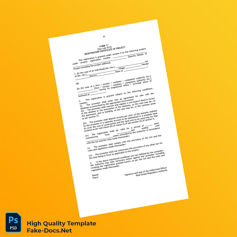 Registration Certificate of Project from Real Estate Regulatory Authority Template in Word and PDF formats Registration Certificate of Project from Real Estate Regulatory Authority Template in Word and PDF formats