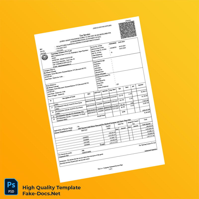 Romania Uprising Science Pvt Ltd Tax Invoice Template in Word and PDF formats 8 page Romania Uprising Science Pvt Ltd Tax Invoice Template in Word and PDF formats 8 page