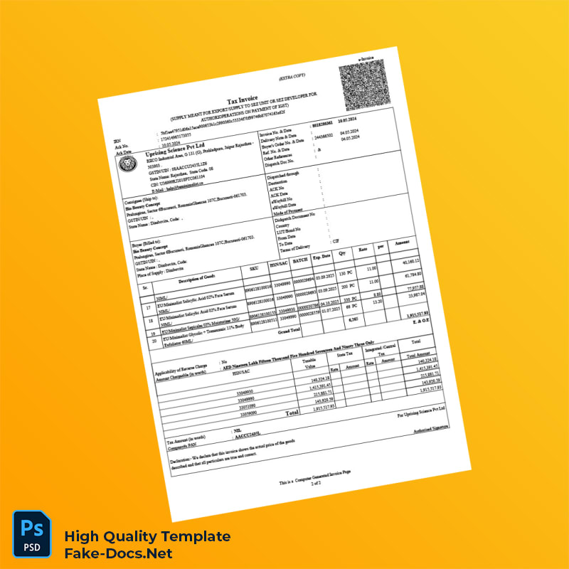 Romania Uprising Science Pvt Ltd Tax Invoice Template in Word and PDF formats 8 page Romania Uprising Science Pvt Ltd Tax Invoice Template in Word and PDF formats 8 page