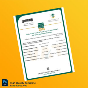 Saudi Arabia General Authority of Zakat Tax VAT Registration Certificate Template in Word and PDF formats