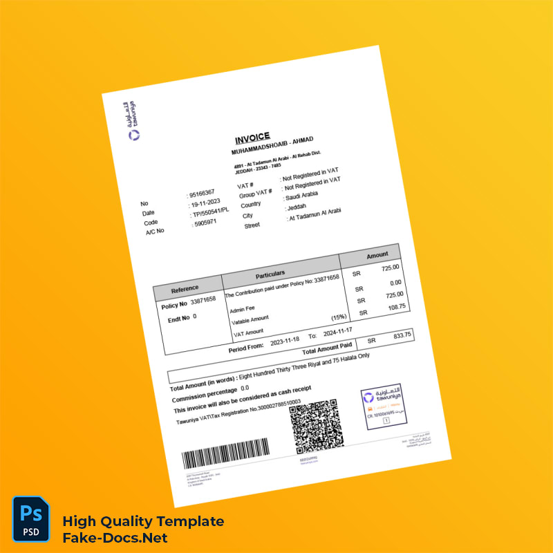 Saudi Arabia Tawuniya Invoice Template in Word and PDF formats Saudi Arabia Tawuniya Invoice Template in Word and PDF formats
