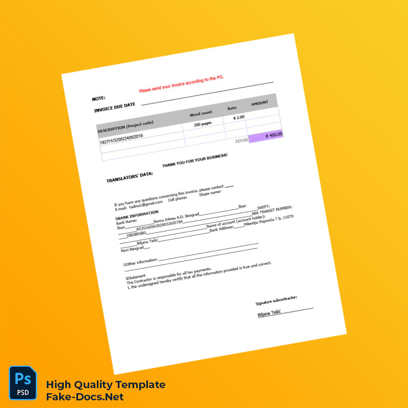 Serbia W L BUSINESS CONSULTING TRANSLATION LTD Invoice Template in Word and PDF formats 2 page Serbia W L BUSINESS CONSULTING TRANSLATION LTD Invoice Template in Word and PDF formats 2 page