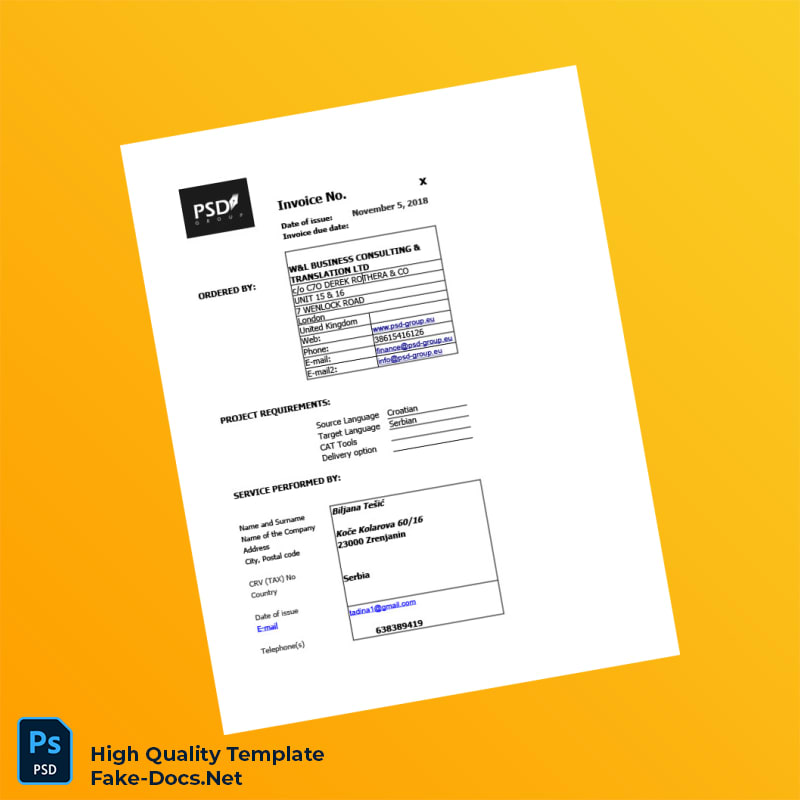 Serbia W L BUSINESS CONSULTING TRANSLATION LTD Invoice Template in Word and PDF formats 2 page Serbia W L BUSINESS CONSULTING TRANSLATION LTD Invoice Template in Word and PDF formats 2 page