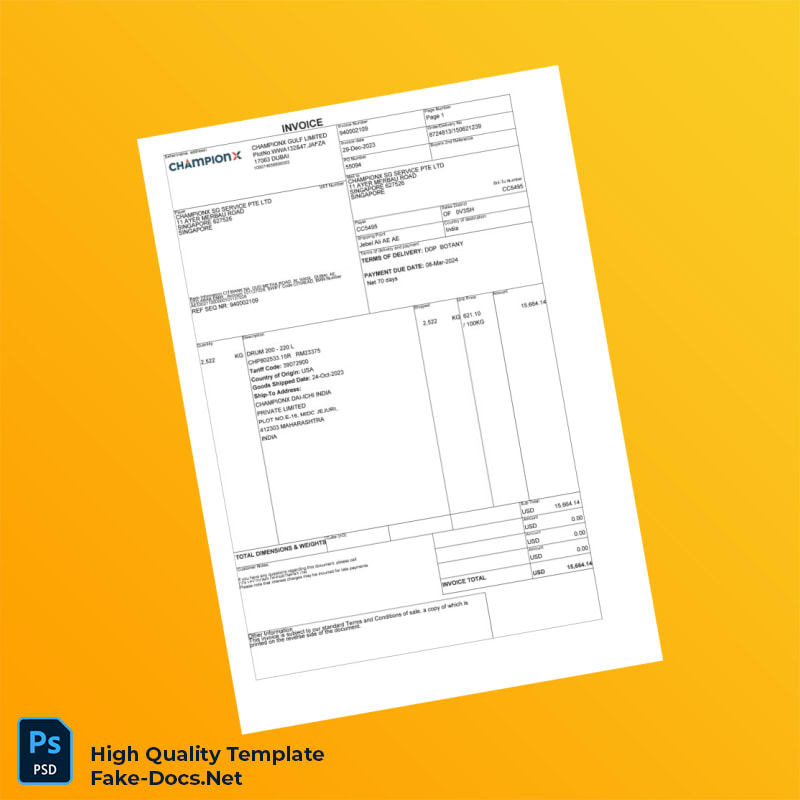 Singapore Championx SG Service Pte Ltd Invoice Template in Word and PDF formats 2 page Singapore Championx SG Service Pte Ltd Invoice Template in Word and PDF formats 2 page