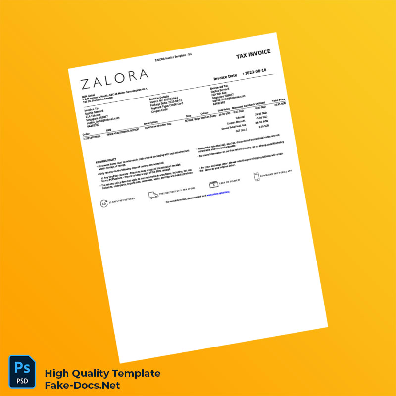 Singapore Zalora Invoice Template in Word and PDF formats 2 page Singapore Zalora Invoice Template in Word and PDF formats 2 page
