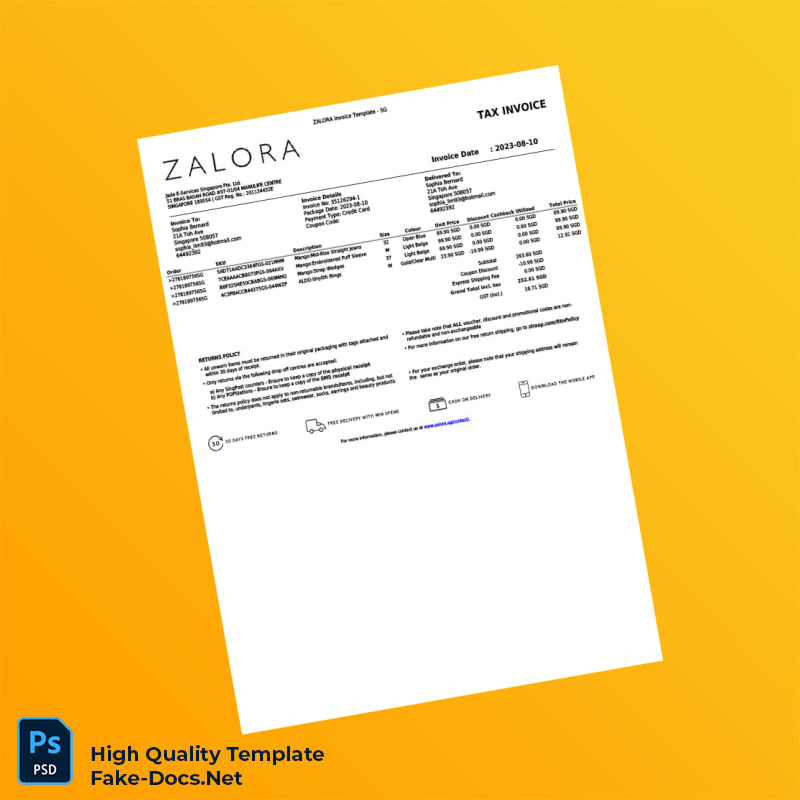 Singapore Zalora Invoice Template in Word and PDF formats 2 page Singapore Zalora Invoice Template in Word and PDF formats 2 page
