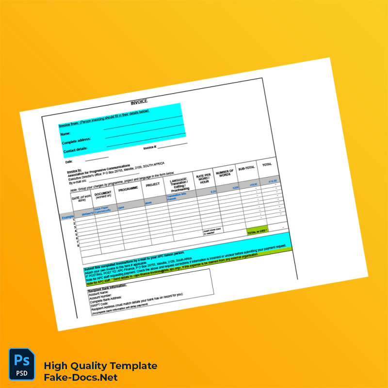South Africa Association for Progressive Communications Invoice Template in Word and PDF formats 2 page South Africa Association for Progressive Communications Invoice Template in Word and PDF formats 2 page