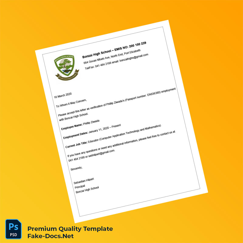 South Africa Bonzai High School Employment Verification Letter Template (Word & PDF) South Africa Bonzai High School Employment Verification Letter Template (Word & PDF)
