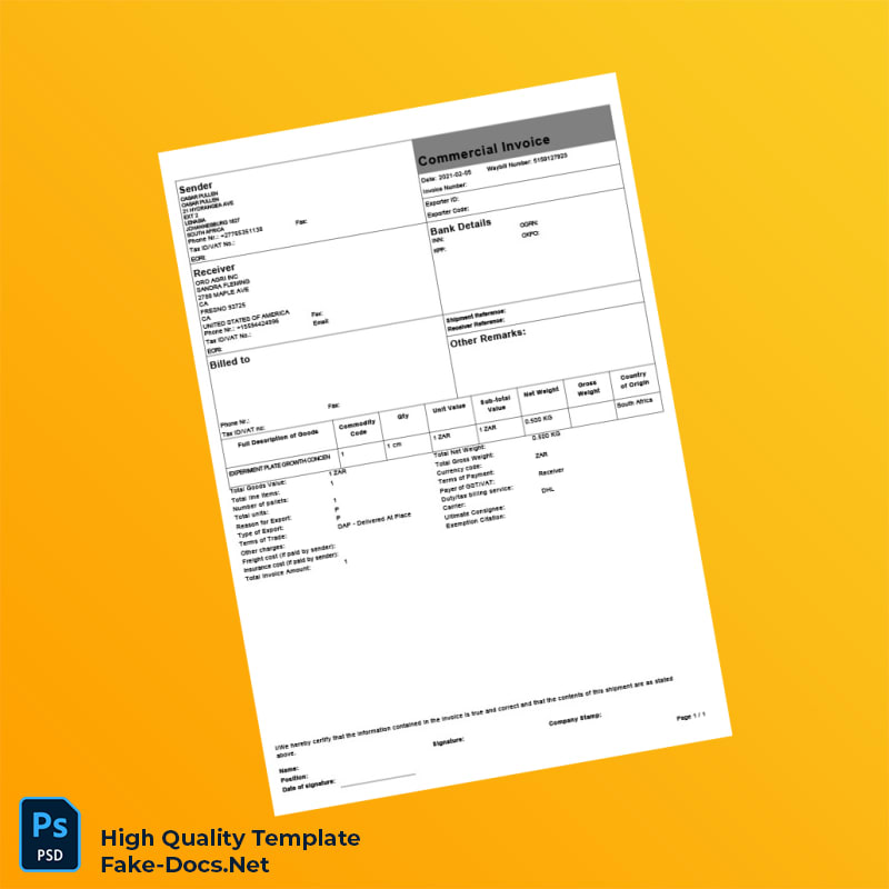 South Africa Commercial Invoice Template in Word and PDF formats South Africa Commercial Invoice Template in Word and PDF formats