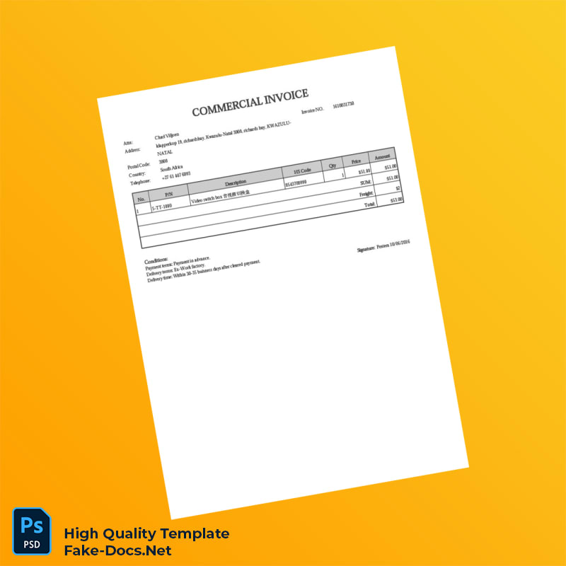 South Africa Pestera Commercial Invoice Template in Word and PDF formats South Africa Pestera Commercial Invoice Template in Word and PDF formats