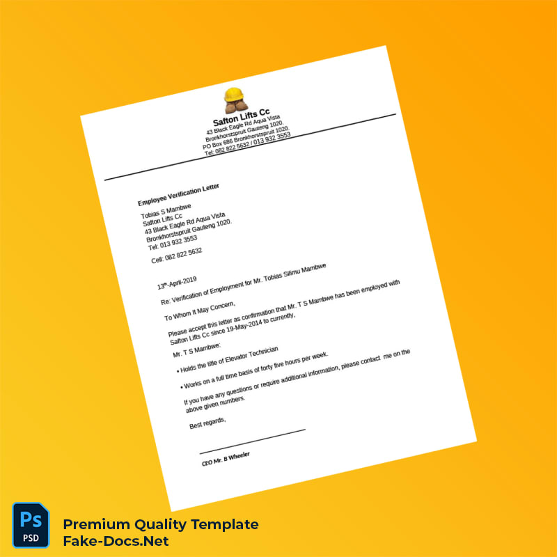 South Africa Safton Lifts Cc Employment Verification Letter Template (Word & PDF) South Africa Safton Lifts Cc Employment Verification Letter Template (Word & PDF)