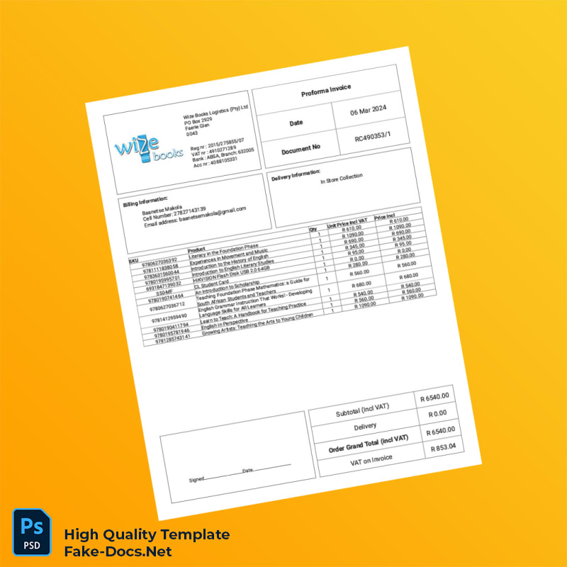 South Africa Wize Books Proforma Invoice Template in Word and PDF formats South Africa Wize Books Proforma Invoice Template in Word and PDF formats