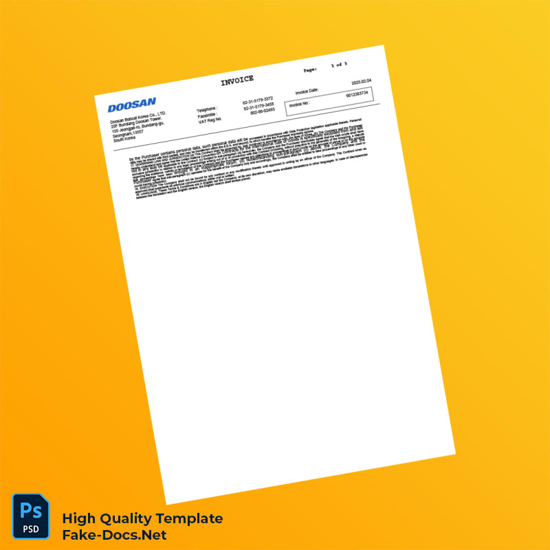 South Korea Doosan Invoice Template in Word and PDF formats 3 page South Korea Doosan Invoice Template in Word and PDF formats 3 page