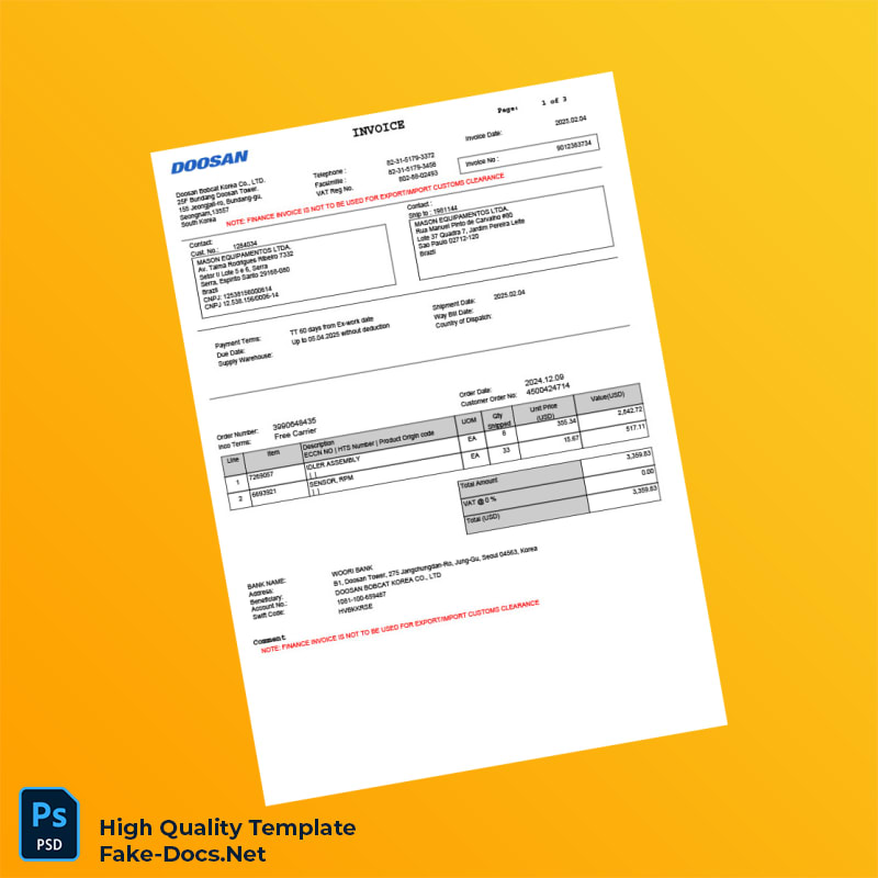South Korea Doosan Invoice Template in Word and PDF formats 3 page South Korea Doosan Invoice Template in Word and PDF formats 3 page