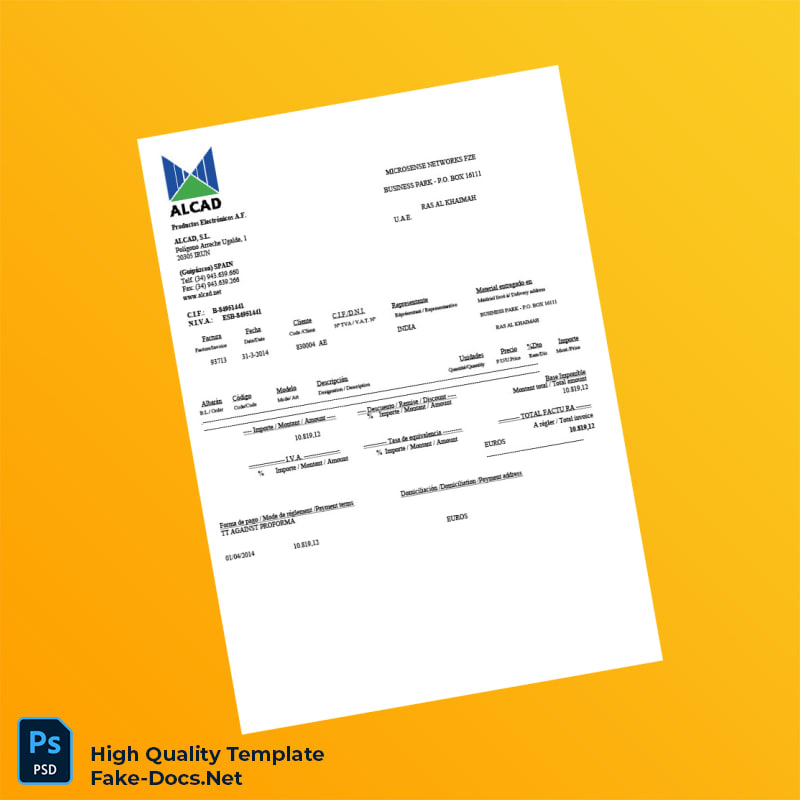 Spain Alcad S L Invoice Template in Word and PDF formats 2 page Spain Alcad S L Invoice Template in Word and PDF formats 2 page