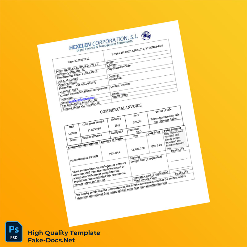 Spain Hexelen Corporation S L Commercial Invoice Template in Word and PDF formats 2 page Spain Hexelen Corporation S L Commercial Invoice Template in Word and PDF formats 2 page