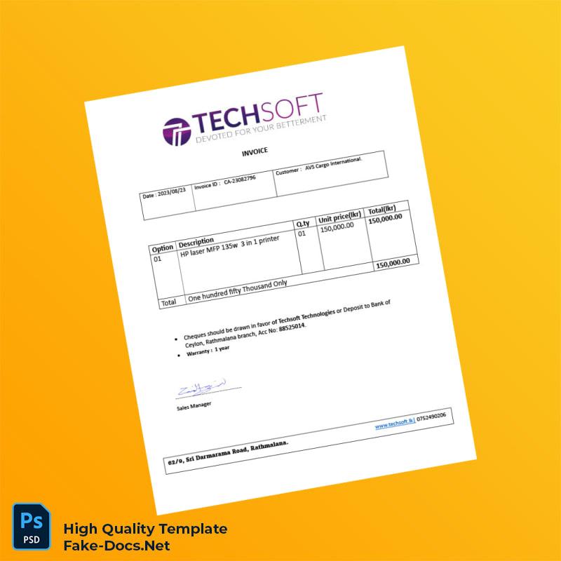 Sri Lanka Techsoft Technologies Invoice Template in Word and PDF formats Sri Lanka Techsoft Technologies Invoice Template in Word and PDF formats