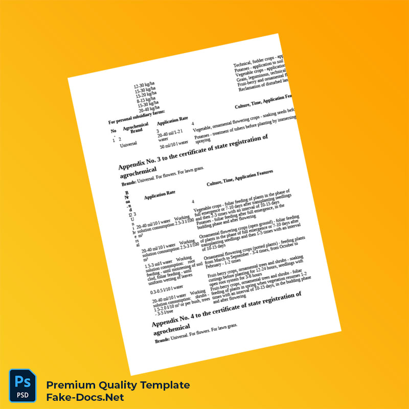 State Registration Certificate for Humic Acids Agrochemical in Word and PDF formats 4 page State Registration Certificate for Humic Acids Agrochemical in Word and PDF formats 4 page