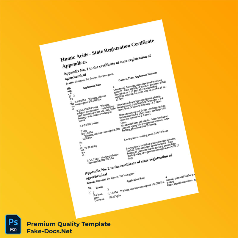State Registration Certificate for Humic Acids Agrochemical in Word and PDF formats 4 page State Registration Certificate for Humic Acids Agrochemical in Word and PDF formats 4 page