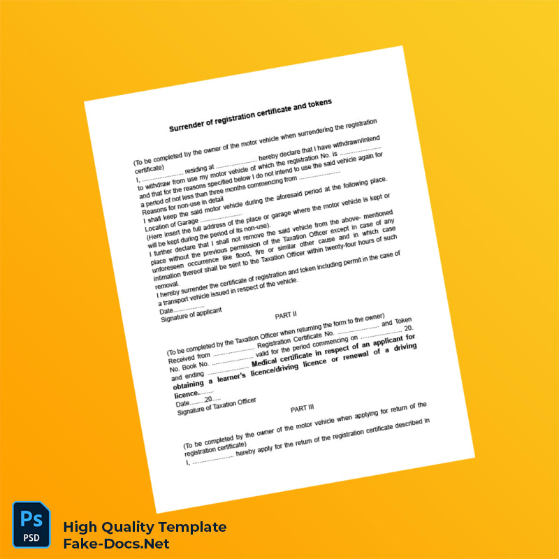 Surrender of Registration Certificate and Tokens Editable Registration Certificate Template in Word and PDF formats 2 page Surrender of Registration Certificate and Tokens Editable Registration Certificate Template in Word and PDF formats 2 page
