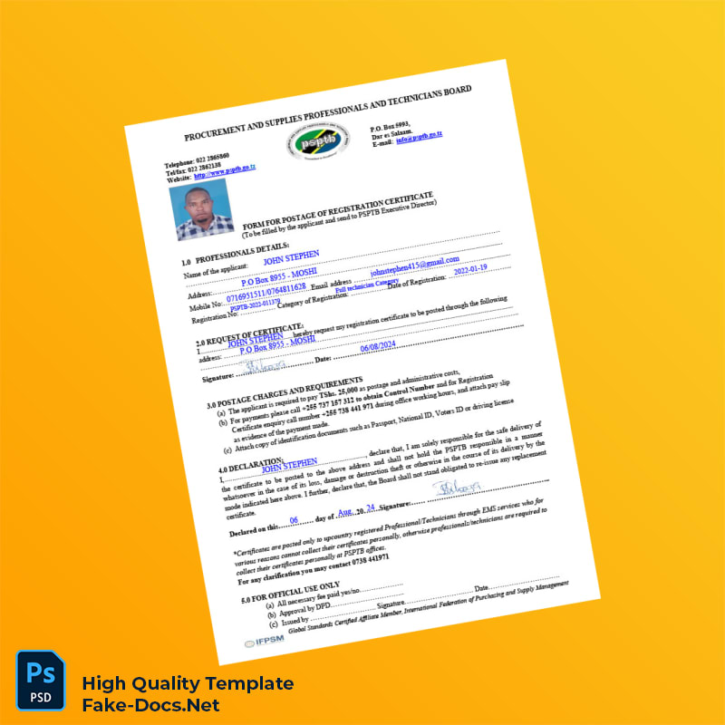 Tanzania NIDA Editable Registration Certificate Form Template in Word and PDF formats 3 page Tanzania NIDA Editable Registration Certificate Form Template in Word and PDF formats 3 page