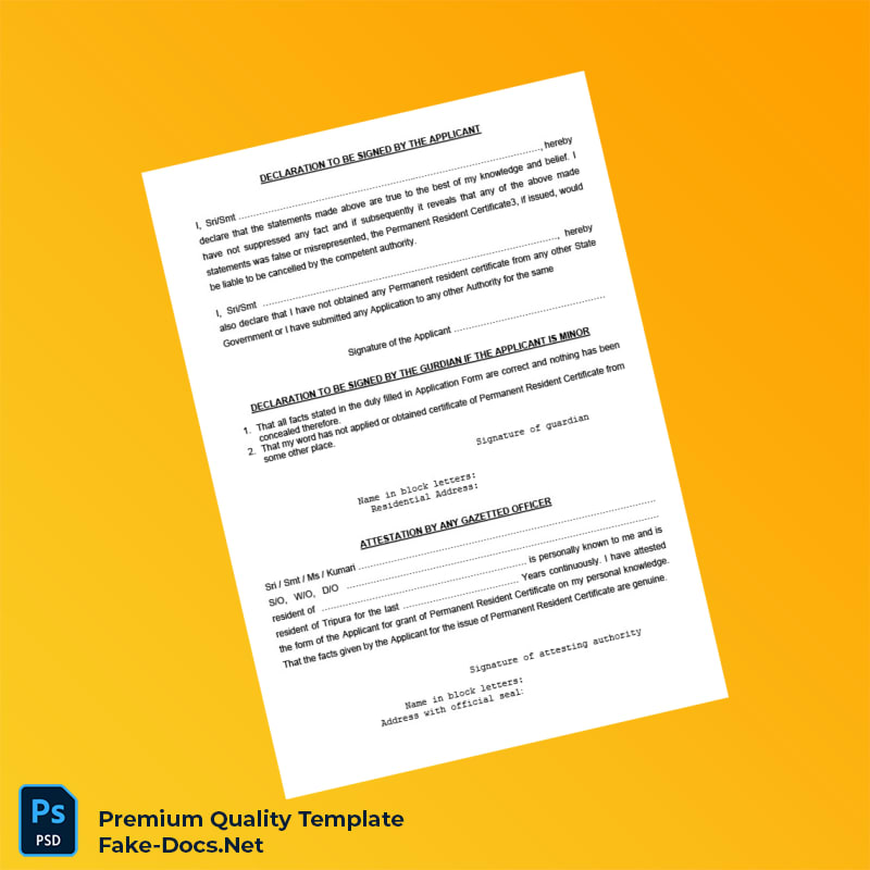 Tripura Government Permanent Resident Certificate Application Form Template (Word & PDF) 3 page Tripura Government Permanent Resident Certificate Application Form Template (Word & PDF) 3 page