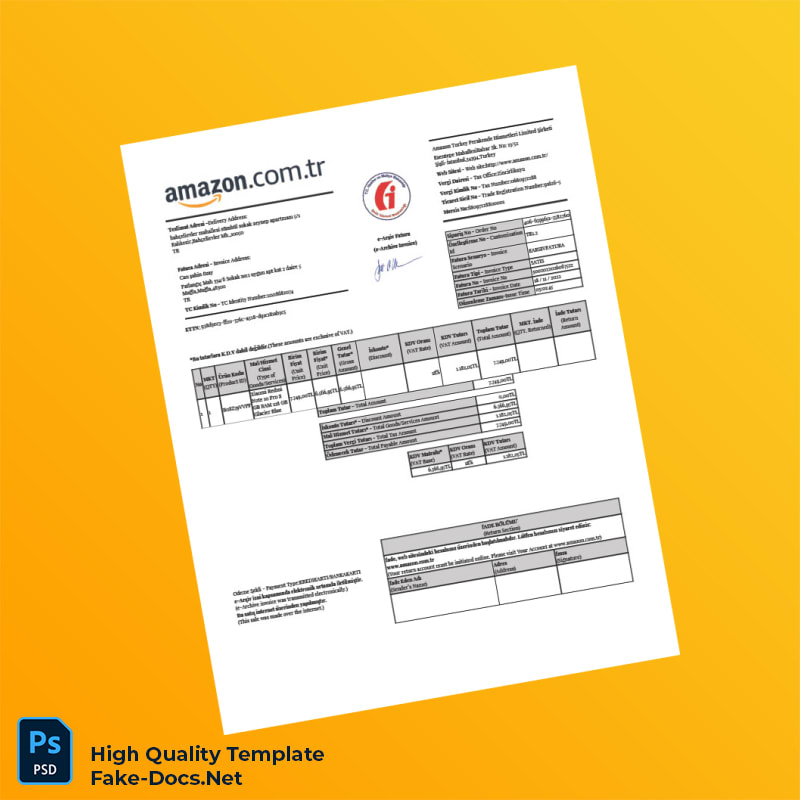 Turkey Amazon Invoice Template in Word and PDF formats Turkey Amazon Invoice Template in Word and PDF formats