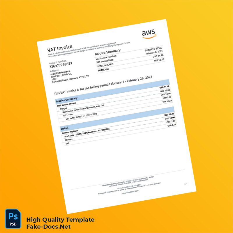 Turkey Amazon Web Services Invoice Template in Word and PDF formats Turkey Amazon Web Services Invoice Template in Word and PDF formats