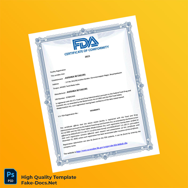U S FDA Registration Certificate Template in Word and PDF formats U S FDA Registration Certificate Template in Word and PDF formats