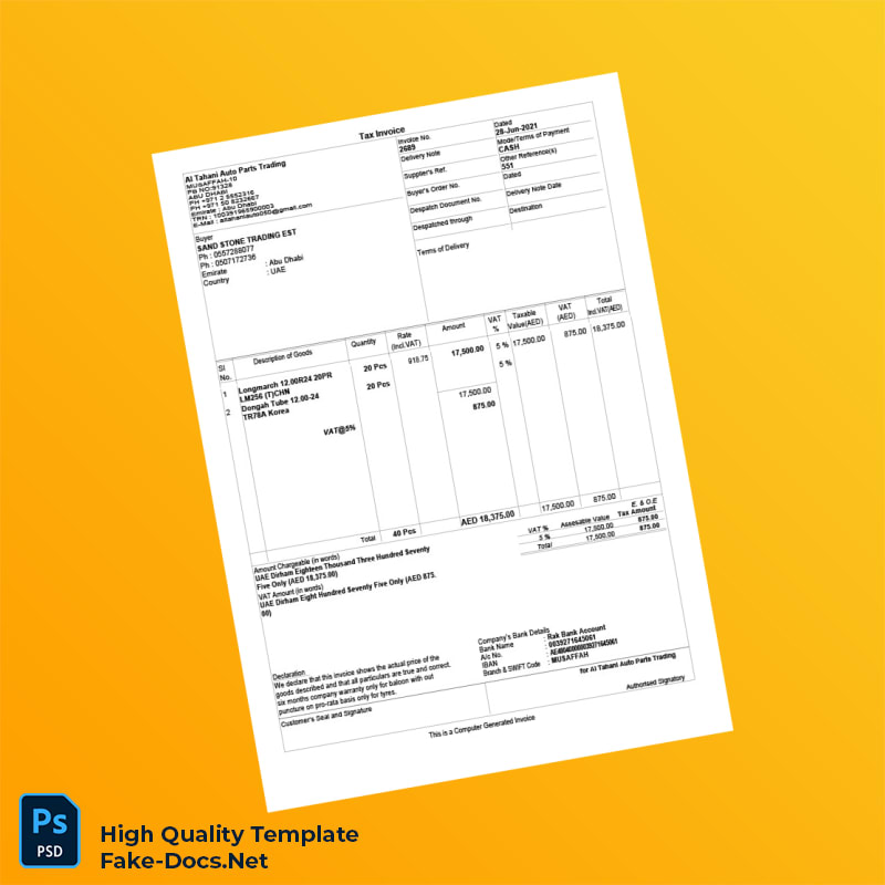 UAE Al Tahani Auto Parts Trading Tax Invoice Template in Word and PDF formats UAE Al Tahani Auto Parts Trading Tax Invoice Template in Word and PDF formats