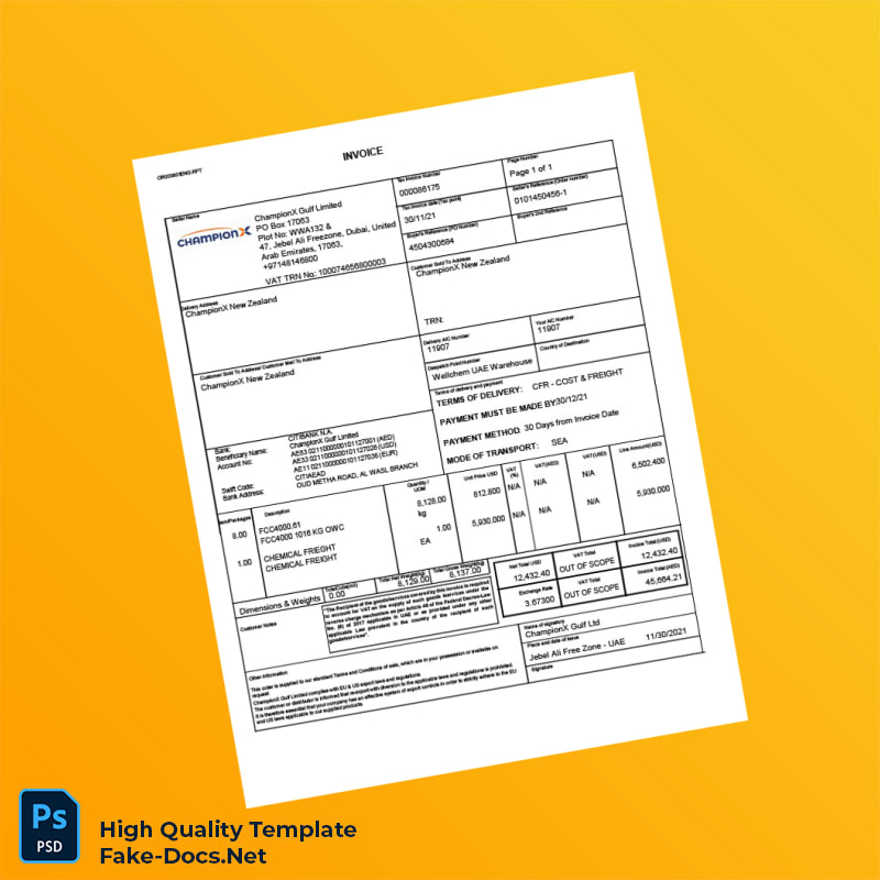 UAE ChampionX Gulf Ltd Invoice Template in Word and PDF formats UAE ChampionX Gulf Ltd Invoice Template in Word and PDF formats