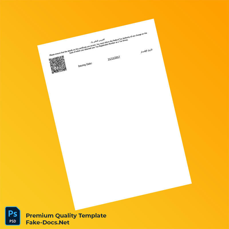 UAE Federal Tax Authority Tax Registration Certificate Template (Word & PDF) 2 page UAE Federal Tax Authority Tax Registration Certificate Template (Word & PDF) 2 page