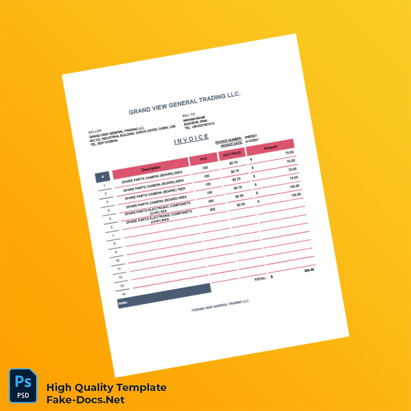 UAE Grand View General Trading Invoice Template in Word and PDF formats UAE Grand View General Trading Invoice Template in Word and PDF formats