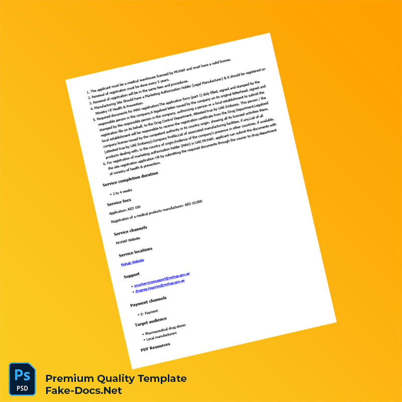 UAE Ministry of Health and Prevention Business Registration Certificate Template (Word & PDF) 3 page UAE Ministry of Health and Prevention Business Registration Certificate Template (Word & PDF) 3 page