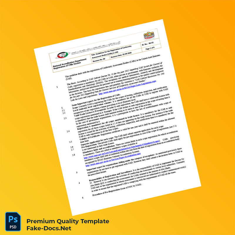 UAE National Accreditation Department Registration Certificate Template (Word & PDF) 6 page UAE National Accreditation Department Registration Certificate Template (Word & PDF) 6 page