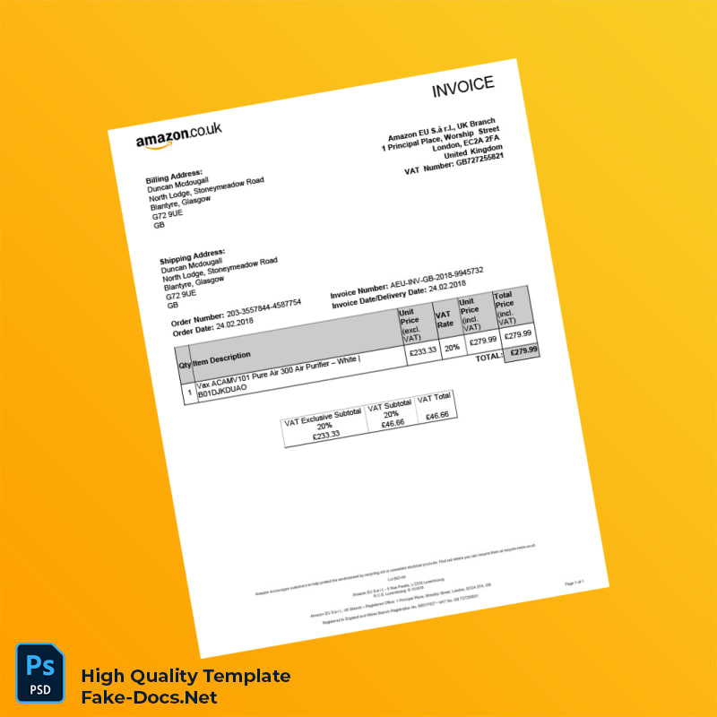 UK Amazon EU S à r l Invoice Template in Word and PDF formats UK Amazon EU S à r l Invoice Template in Word and PDF formats